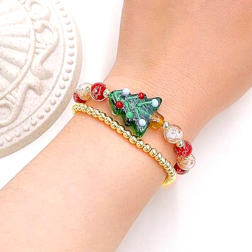 Image of 2 Christmas Couple Bracelets, Santa /Christmas Starfish /Christmas Tree Charm and 4mm Brass Beaded Stretch Bracelet for New Year Gifts for Family and Friends