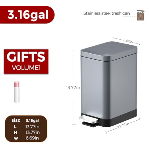 Image of 12L /3.1 Gal Slim Step Garbage Can,Narrow Rectangle Garbage Container Bin,Small Bathroom Trash Can with Lid Soft Close，Foot Pedal Garbage Can for Bathroom,Bedroom,Office (12l-Gery)