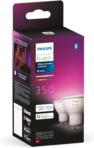 Philips Hue White & Colour Ambiance GU10 Smart Spotlight (2‑Pack) – 400 lm, Bluetooth & App Control, Voice Assistant Compatible (Alexa, Google, HomeKit) 929001953112