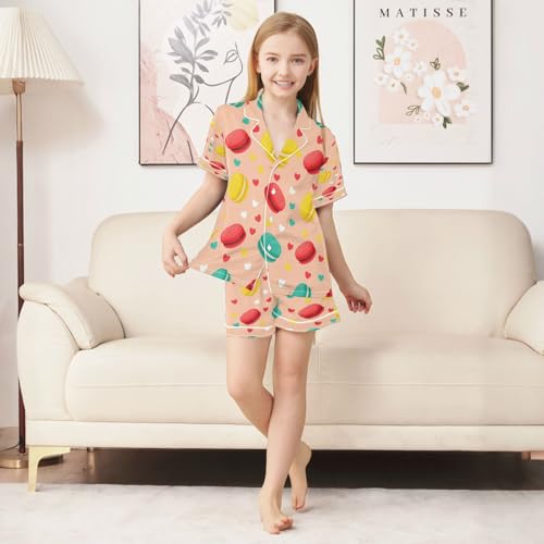 Satin Pajama Sets Short Sleeve Macarons Hearts and Pastels Button Down Silky Nightwear 2 Piece PJS 5-14Y3