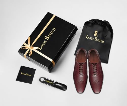 Image of LOUIS STITCH Men's Formal Lace-Up Wingtip Brogues | Handmade Italian Leather Shoes | Premium Oxford Dress Shoes for Men | Business, Wedding Sizes 6-12 |RXBG