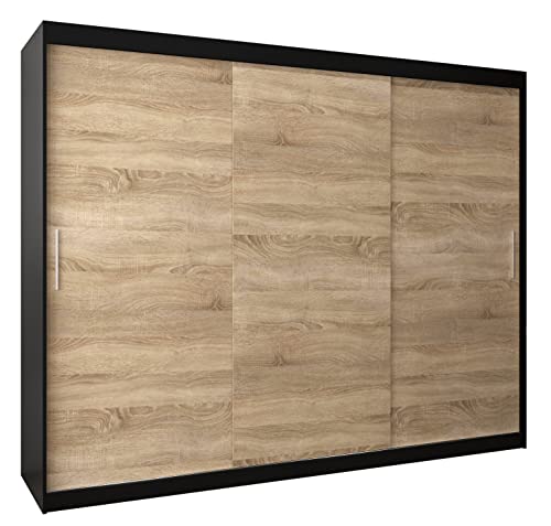 Kryspol Schwebetürenschrank Tokyo 250 cm Kleiderschrank mit Kleiderstange und Einlegeboden Schlafzimmer- Wohnzimmerschrank Schiebetüren Modern Design (Schwarz + Sonoma) Cover