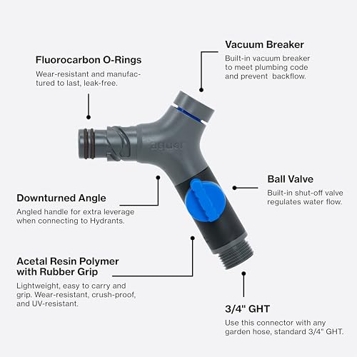 Image of Aquor Comfort Grip VB Hose Connector - Garden Hose Connector with Built-In Vacuum Breaker & Ball Valve, Backflow Prevention, Ergonomic Non-Slip Grip - Slate Gray, Compatible with Aquor Hydrants