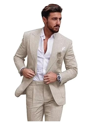 ORBITRAY Men Linen Suit 2 Pieces Wedding Slim Fit Blazer Pant Set Lightweight Summer Wear4