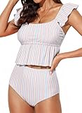 Dokotoo Womens Tankini Bathing Suits 2026 2 Piece Swimsuits Square Neck Adjustable Straps Ruffle Cap Sleeve Striped Modest Swim Top and Bottom Pink Large