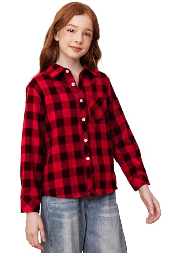SANGTREE Family Matching Flannel Shirts Christmas Girls Flannel Long Sleeve Button Down Plaid Shirt Red, 7-8 Years = Tag 140