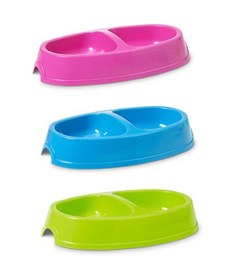 Savic Cat Bowl – Set of 2 Feeding Bowls for Cats, 0.15L Each Dishwasher Safe Durable Plastic Non-Tip Design Assorted Colours Ideal for Food & Water Easy to Clean & Use