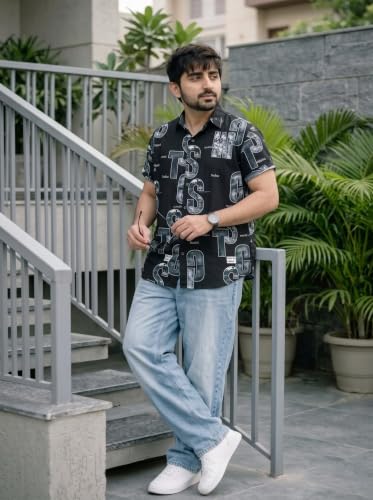 Image of LAMBOO Men Stylish Premium Branded Typography Print Festival Printed Cotton Stretchable Fabric Slim Fit Half Sleeve Cut Away Collar Casual Shirt