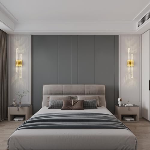 Image of Crystal Wall Sconces Set of Two LED Bathroom Vanity Light Fixtures Gold 21.25in 4000K Vertical and Horizontal Wall Mounted Sconces for Bedroom, Living Room, Hallway