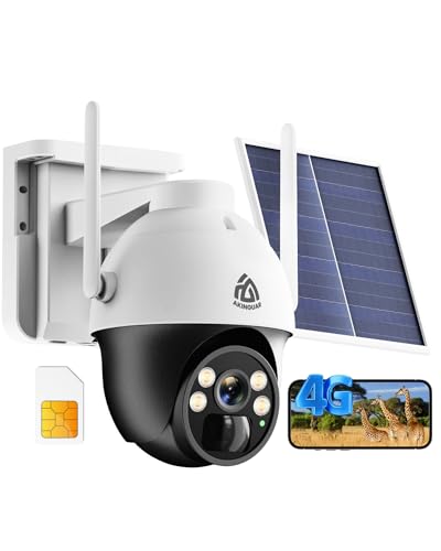 AKINGUAR No WiFi Security Camera with 4G LTE SIM Card, Wireless Outdoor Cellular Security Camera, 2K Color Night Vision, Solar Powered, 360° Live View, PIR Motion Sensor, Pecfect for Farm & RV