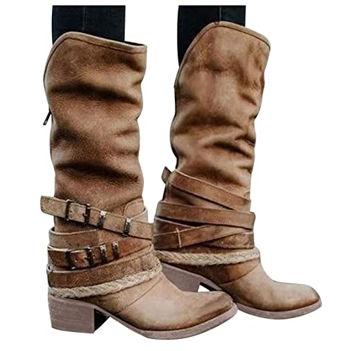 AODONG Cowboy Boots for Women Wide Calf Cowgirl Fashion Modern Western Leather Boots Round Toe Knee High Shoes