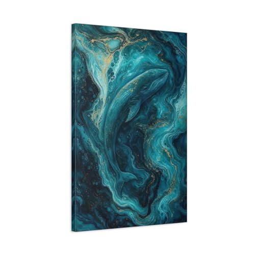 Tableau baleine bleu et or 50x75 cm en toile abstraite verticale pour salon