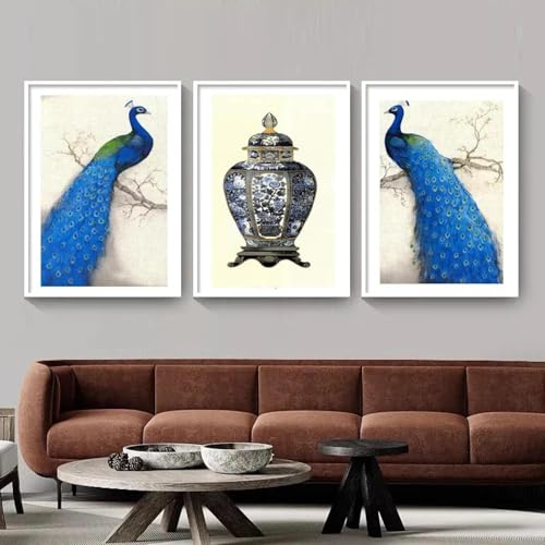 Toile art peinture mur art paon triptyque nordique 70x100cm
