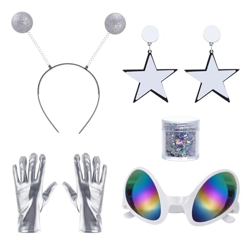 5 Pcs Alien Costume with Antenna Headband Glasses Silver Gloves Earring Face Glitter for Cosplay Space Theme Halloween Costume Party