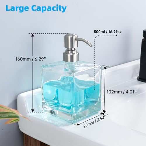 Image of Square Bathroom Soap Dispenser Brushed Nickel, Large Capacity 16.9 oz Glass Bottles with Stainless Steel Pump Retangle Cube Liquid Soap Dispenser Kitchen