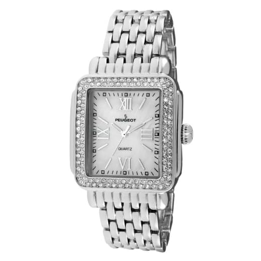 Peugeot Women Rectangle Dress Watch with Crystal Decorated Bezel, Roman Numerals and Bracelet