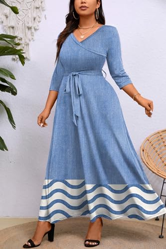Image of Runwind Plus Size Dress for Women - 3 /4 Sleeve V Neck Maxi Dresses for Women (XL-6XL)