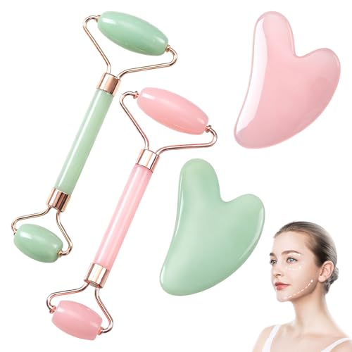 Image of Green & Rose Quartz Jade Roller and Gua Sha Set,Roller & Gua Sha Set,Pink Jade Facial Massage Tools Gua Sha Stone for Anti-Aging & Skin Relaxation for Women Girls Men Neck/Body Use(4PCS)