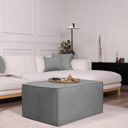 Factory Direct Partners Velvety and Vinyl Overstuffed Rectangle Ottoman for Living Room, Lounge, Office - Smoke