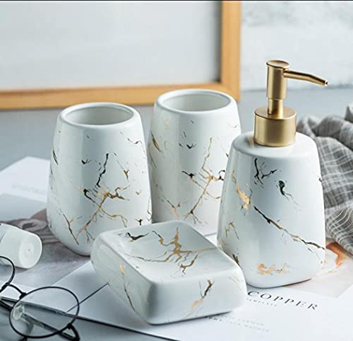 Moderno juego de accesorios de baño de lujo con diseño de mármol, accesorios de baño de cerámica con dispensador de loción, jabonera, chasis (juego de 4 piezas de baño blanco brillante) Cover