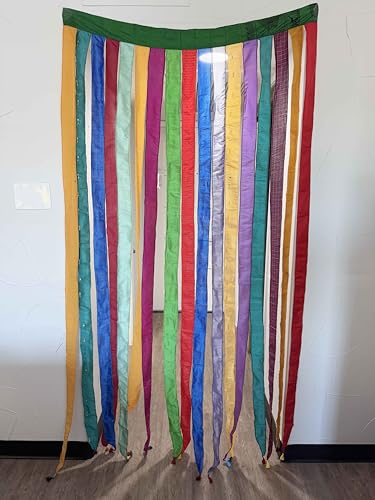 Maker's Craft Sari Silk Vintage Multicolor Ribbon Curtain Drapes 85'' x 45'' Inches with Colorful Tassels Boho Curtains Rod Pocket for Livingroom and Bedroom