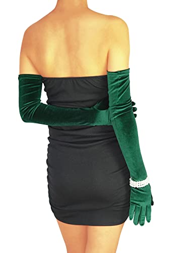 Xxdingbs 2 Pieces Women's 24 Inches Long Velvet Gloves With Pearl Accessories For Wedding Opera Dinner Party 1920S Gloves Elbow Length Gloves Green #TOP4