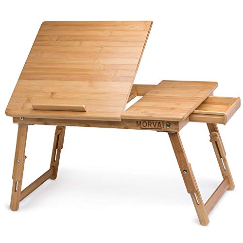 MORVAT Lap Desk Bed Desk for Laptop, Adjustable Laptop Tray for Bed, Portable Computer Desk, Writing Desk, Lap Desk, Laptop Desk, Tray Table Tilting Shelf with Magnetic Drawer 100% Natural Bamboo Wood