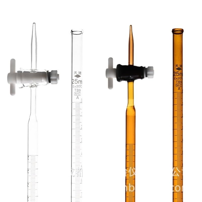 Bureta de Vidrio Borosilicato Clase A - Graduada para Titulación, Llave de PTFE, Resistente a Ácidos & Álcalis(White PTFE piston-25ml)