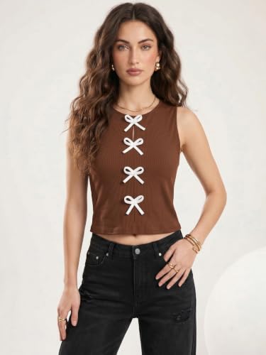 Image of Selvia Ribbed Bow Detail Sleeveless Crop Tops for Women Western