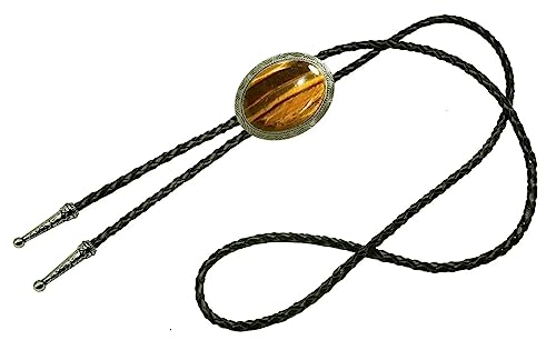 Image of Moranse Bolo Tie with Natural Tiger Eye Stone Celtic Style Genuine and Cowhide Rope