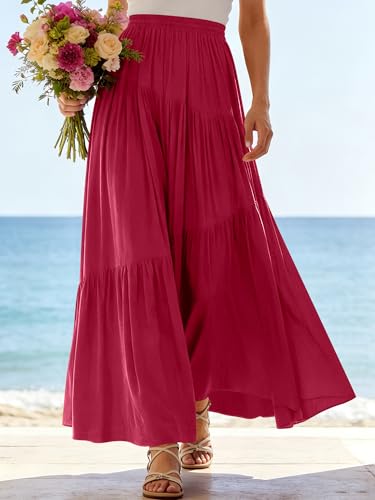 Image of ANRABESS Women's Boho Elastic High Waist Pleated A-Line Flowy Swing Asymmetric Tiered Maxi Long Skirt Dress with Pockets