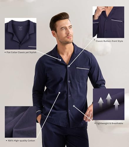 DAVID ARCHY Mens Pajamas Set Soft Cotton Notched Collar Pajamas for Men Long Sleeve Mens Sleepwear with Pockets & Front Fly3