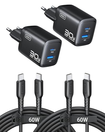 INIU 30W USB C Ladegerät, GaN Schnellladegerät mit 1,5m 60W Kabel, Dual-Port Netzteil mit intelligentem Geräteschutz für iPhone 17 16 Pro Max, iPad MacBook Air Galaxy S26 Pixel Xiaomi [2-Pack Schwarz]