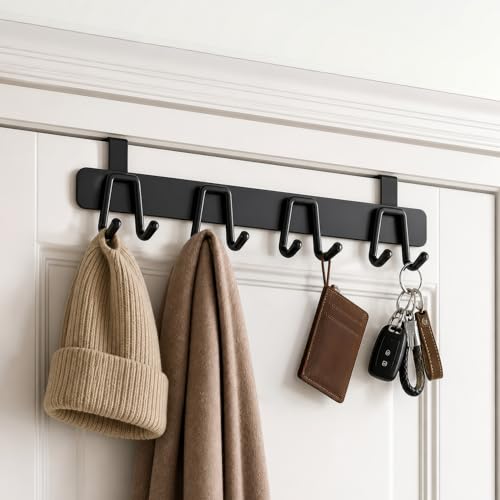 Image of amazon basics Door Hanging Hook Rail Strong, Carbon Steel Door Hook for Bathroom, Kitchen & Door, No Drill Hanging Hooks, Waterproof Rust Resistant, Black