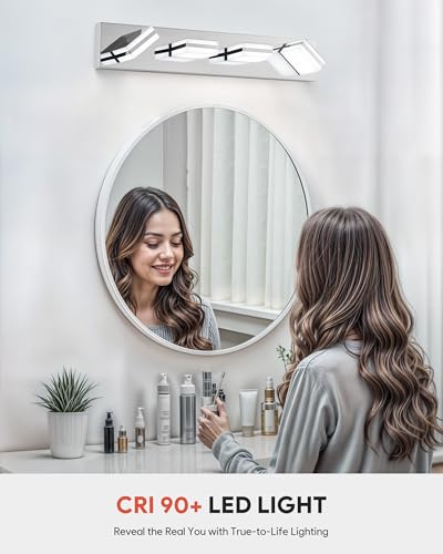 Image of VONLUCE Bathroom Vanity Light Fixture, 4-Light Modern LED Vanity Light, 3CCT Adjustable Bathroom Lights with Memory Function Rotatable Shades, 26 inch Wall Lighting Fixture Over Mirror, Chrome