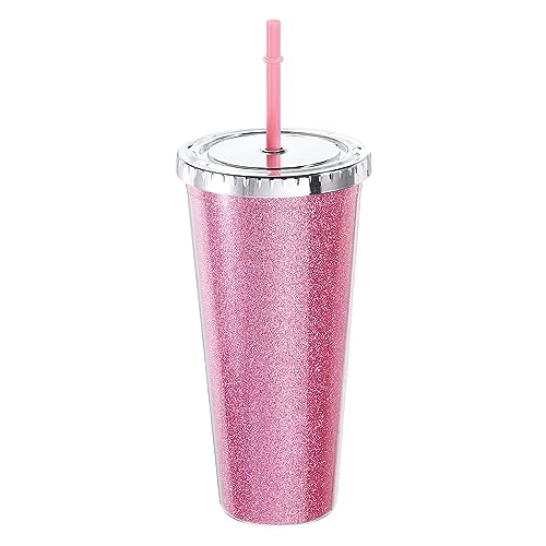 Uxcell Acrylic Tumbler with Lid and Straw, 24 Oz Reusable Double Wall Cups for Ice Coffee, Added Bling Travel Tumblers for Birthdays Gifts (Pink)