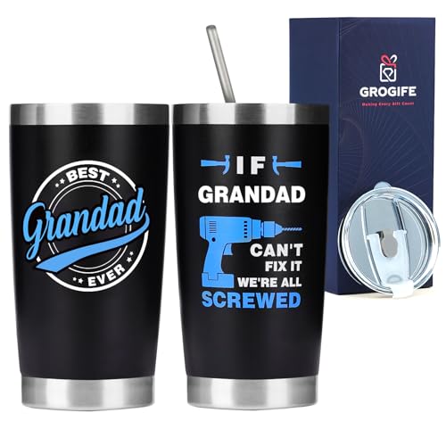 Grogife Christmas Grandad Gifts, Advent Calendar Presents, Best Grandpa Presents Ideas from Granddaughter, Xmas Secret Santa Gifts Coffee Cup with Straw and Lid for Hot Cold Drinks 600ml