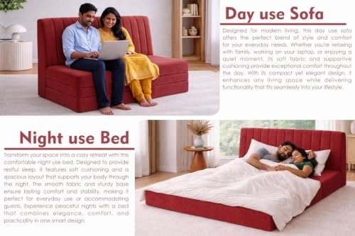 Image of Rosebell -3 Seater Upholstered Armless Sofa Cum Bed with Backrest | Velvet Fabric Finish | Modern Living Room & Bedroom -Red