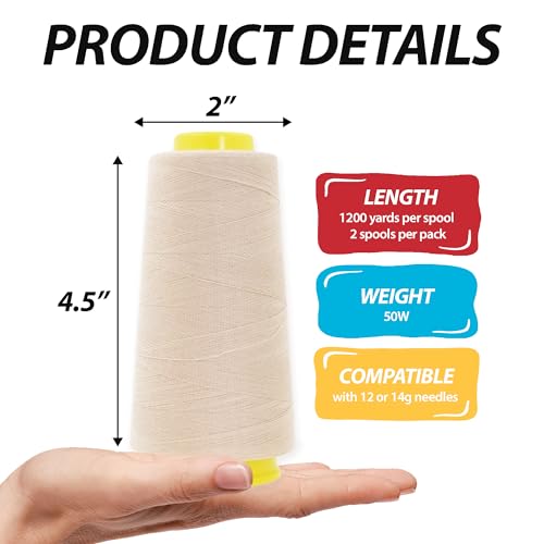 Image of Mandala Crafts Cream Mercerized Cotton Thread Cones for Sewing Quilting | 2400 Yds 50 WT, 100% Long Staple Cotton, Multipurpose, for Embroidery, Piecing, Sergers, Applique, Machine and Hand Sewing