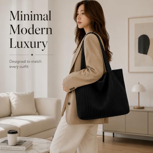 Image of Kawn Korean Tote Bag Aesthetic Corduroy Canvas Handbag for Women Zipper Casual Large Capacity Shoulder Bag with Pockets Versatile Everyday use for College Work Travel & Shopping