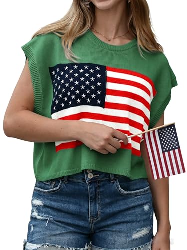 Image of Womens American Flag Sweater Cap Sleeve Summer Crop Tops Crew Neck Loose Fit Knit Sweater Pullover Top
