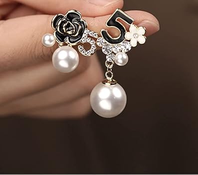 Orecchini Donna Vintage A Forma Di Numero 5 Con Perla E Fiore - Eleganti E Alla Moda - Accessorio Regalo