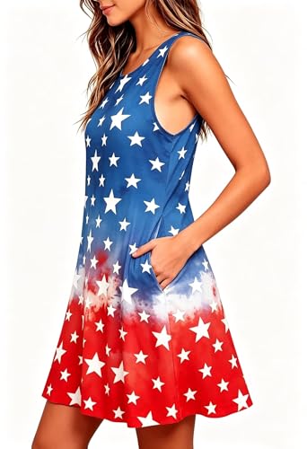 Image of Roshop Womens Juneteenth Flag Sleeveless Dress 4th of July Patriotic Swing Sundress with Pockets