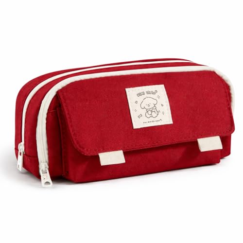 Image of Kawaii Cute Aesthetic Pencil Case for Students | Large Capacity Multi-Pocket Pencil Pouch with Zipper | Cartoon Stationery Organizer Bag for School, College & Office Supplies (So Cute - Red)