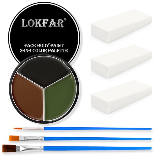 Black Brown Green Face & Body Paint - Blendable Facepaint Foundation with Sponge & Brush for Skin, Professional Halloween Face Make-up Kit for Camo Hunting Army Military Deer Camouflage Dirt Costume