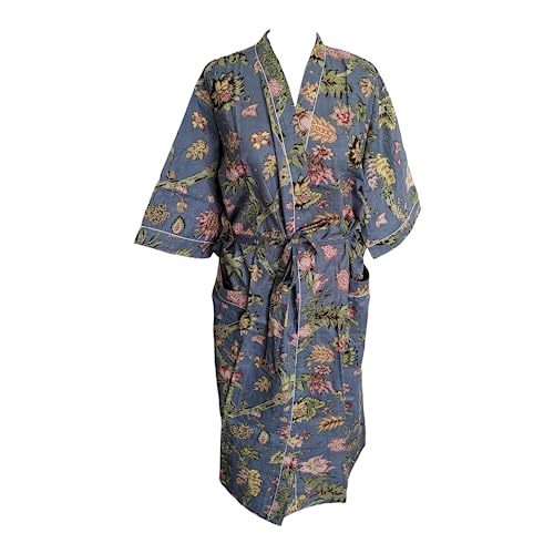 Kimono indien en coton gris fait main long de 125 cm pour des moments de détente à la maison