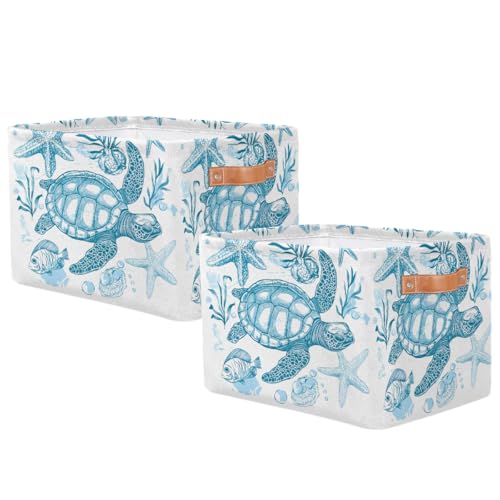 Image of Sea Turtle Storage Baskets for Organizing, Fabric Collapsible Storage Bins Box Ocean Animal Fish Decorative Toy Organizer Baskets for Closet Shelves Gift Basket 2Pcs