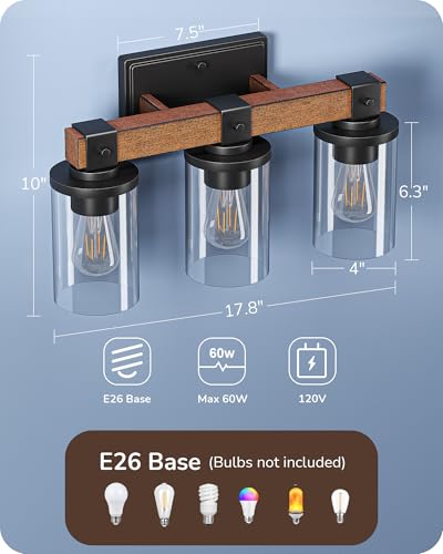 Image of EDISHINE Farmhouse 3-Light Wall Sconce, Bathroom Vanity Lights Over Mirror | Clear Glass Shades, Wood Grain Paint, E26 Standard Medium Base, Vintage & Elegant Design for Vanity Table, Living Room