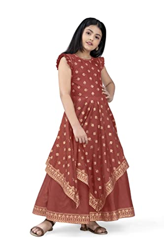 Image of Fashion Dream Girls Crepe Silk Maxi Length Foil Printed Dress|Maxi Dress|Long Dress|Printed Dress|Foil Printed Dress(Rust 13-14 Year)