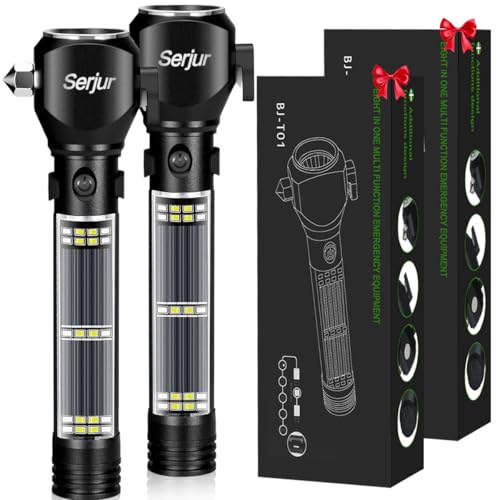 Car Safety Hammer Flashlight, Window Glass Breaker and Seatbelt Cutter, Emergency Car Rescue Kit, LED High Lumens Rechargeable Solar Powered Flashlight, 2Pack